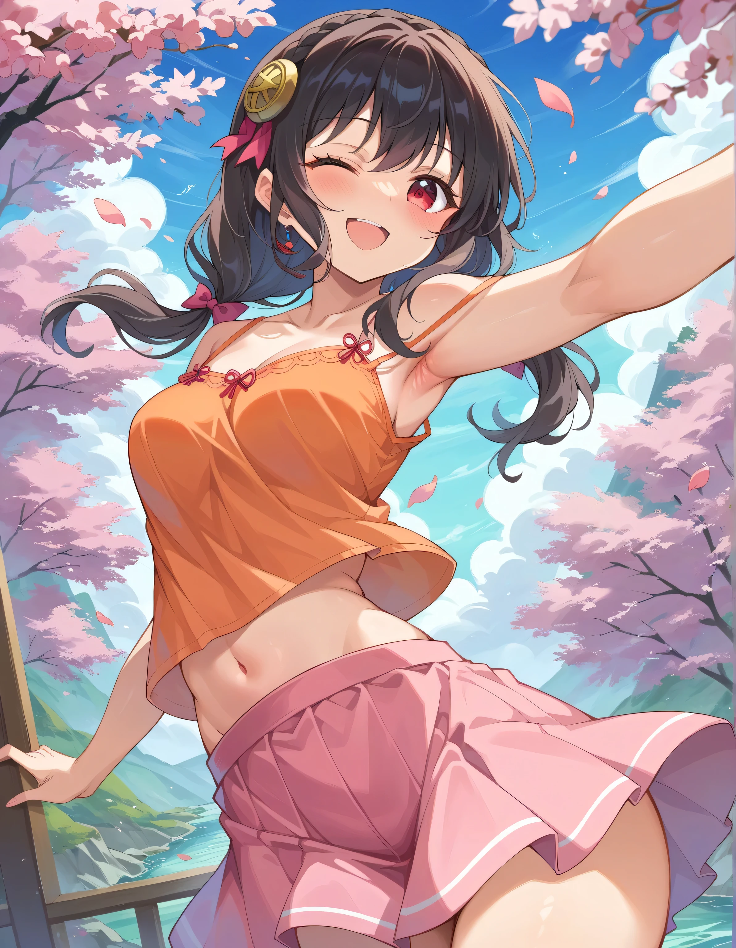 high image quality,high quality、
Yunyun、 (One person)、black hair, hair accessories, red eyes, (transparent orange camisole)、See viewer、(blush:1.2),blue sky、cherry blossoms、(smile)、opens its mouth and laughs、noon、one eye closed、(Dancing )、Pink Skirt、(of the pristine river)
