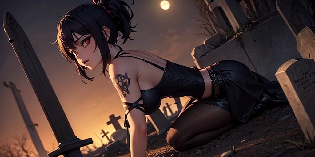 Anime stylebetter quality possible, rocker girl, tattooed, ?????, medium breasts large nipples piercing in nipples, perfect body, sit in stone chair in cemetery, night, moon, tree with owl,