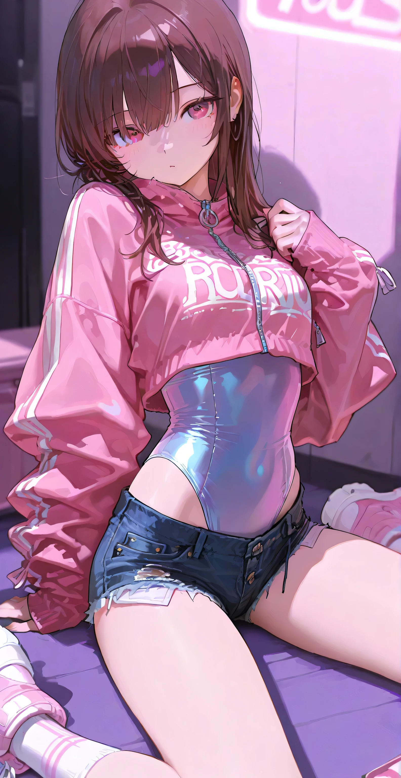 ((Masterpiece)), best quality, absurderes, ultra detailed, holographic, cowboy shot, golden ratio, super cute girl, mature girl, idol girl, super beautiful asian girl with very beautiful violet glowing eyes, beautiful glowing brown multicolored hair, high ponytail, nice and sexy body, slim body, perfect body, an anime printed super tight off shoulder long sleeve crop top, a super aesthetic transparent mini jacket, beautiful hair ornament, pink jordan tennis, being photographed in a mall shop,( undressing, showing neon pink panties, showing thong: 1.5)