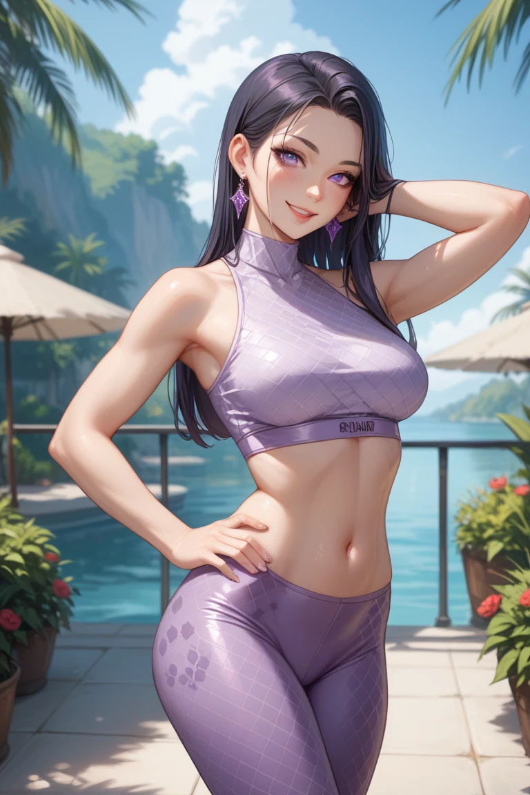 ((highest quality)),(ultra high resolution),(Super detailed),(detailed description),((best CG)),(best work of art),super precision art, great drawing art,(Art with precise details:1.5), (1 young girl:1.5), beautiful and well-shaped face:1.5,(Beautiful skin with precise and detailed depiction:1.6),(sleeveless halter neck sports bra, elastic waist band shorts ),gorgeous, masterpiece, best quality, high-resolution, finely detailed, extremely detailed and beautiful, distinct-image, 1 girl, 16 year old teenager, solo, sharp facial features, oval shaped face. cherry pink lips, lightly tanned white skin. velvet-colored eyes, C-cup breasts, tall height(175cm), slim yet chiseled body type, short shoulder length dark violet-black hair, small narrow waist, long and slender legs, curvy wide hips, elegant gothic courtyard setting