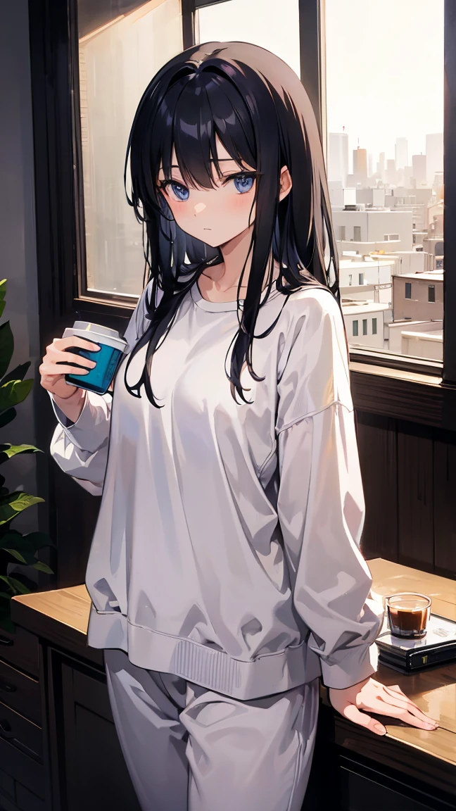maisakurajima, Mai Sakurajima, Long Hair, bangs, (Black Hair:1.5), hair ornaments, (Purple eyes:1.1), Sleepy eyes,、Open your mouth,Hair Clip, rabbit hair ornaments,Tank top shirt,Black string underwear,barefoot,Holding a coffee mug with both hands,
break indoors, room,
break looking at viewer, whole body,(Cowboy Shot:1.5),
break (masterpiece:1.2), highest quality, High resolution, unity 8k wallpaper, (figure:0.8), (Beautiful fine details:1.6), Highly detailed face, Perfect lighting, Highly detailed CG, (Perfect hands, Perfect Anatomy),