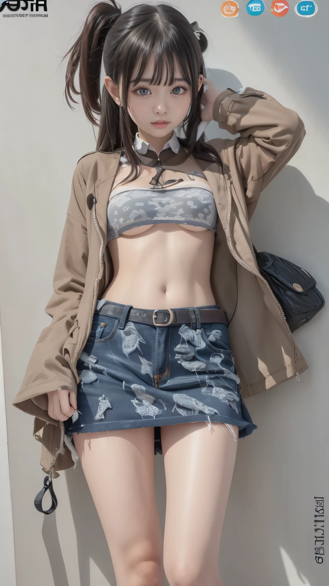 photorealistic:1.32、of the best quality、ultra high definition、(((The most beautiful girl in the world)))、Japanese、(((beltbra, bandeau, 細いmicro top:1.2))), ((micro skirt))、(ponytail)、 (( jacket that widens your crotch))、(detailed hands:1.3, small right hand:1.3、Precision at your fingertips), ((slender body line in a nice hospital))、(Tight Waist), (thin thighs), (beautiful breasts)