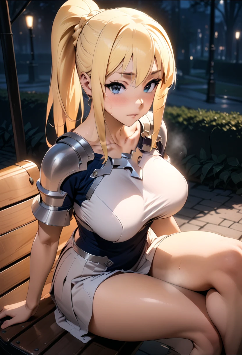 (((masterpiece))), (((best quality))), ((ultra-detailed)), (illustration), ((an extremely delicate and beautiful)), ((super detail)), ((high resolution)), (((20 years old))), metallic cloth, (cheerleader), (super heroine), (android), delicate metal decorations, gleaming skin, shiny body, two legs, breast focus, (((tall))), slender legs, ((big round eyes)), cute eyes, drooping eyes, ((adult)), two hands, five fingers, no extra hands, elegant smile, braid, ((metallic blue)), (see-through), (dark blonde), ((ultra-huge breasts)), (shining brightly), outdoor, mini skirt, daytime, ((biopunk)), (hair shorter than shoulder), (medium length hair), gynoid, (midriff-baring outfit), garden,