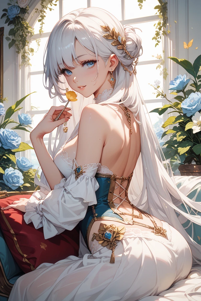 The art of cornflower, fantastic (pilyeon, masterpiece, best quality, (very detailed CG unified 8k wallpaper, masterpiece, best quality, super detailed, best shadow), (iridescent hair: 1.4), (detailed background), (beautiful detailed face, beautiful detailed eyes), one side braid, hair accessories, high contrast, (best illumination, an extremely delicious and beautiful), (girl:1.5), (white hair woman nightgown painting volegov carl larsson)), ((caustic, seductive, sexy, charming)), (sitting through the window)), dynamic angle, noble, elegant, beautiful details glowing with light, thighs, denim photos, narrow waist, wide hips, big breasts)