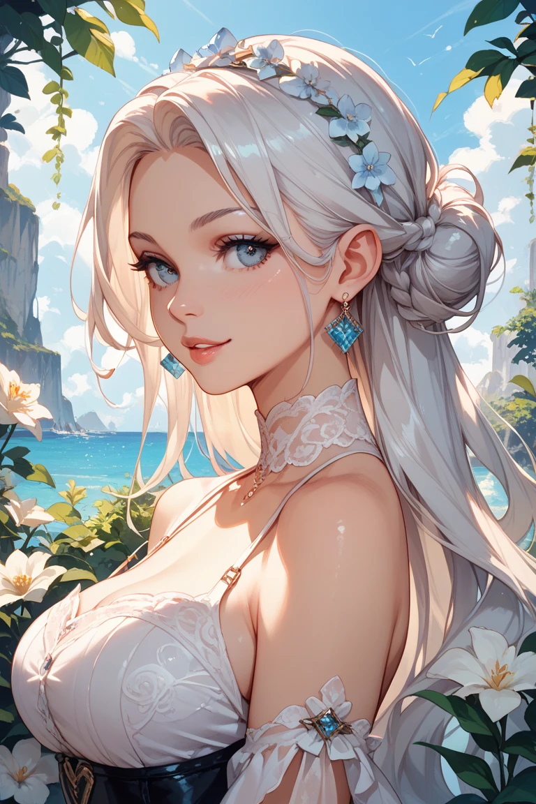 masterpiece, best quality, ultra-detailed, 1girl, ((((best quality)))), smiling, planting Flowers, detailed colorful Flowers, watering Flowers, beautiful detailed sky, (((beautiful detailed cumulonimbs))), ((((sunshine)))), looking Flowers, (spoken heart), heart, sweat, beautiful detailed water, teeth, ((narrow eyes)), ,milfication, mature female, gigantic breasts
