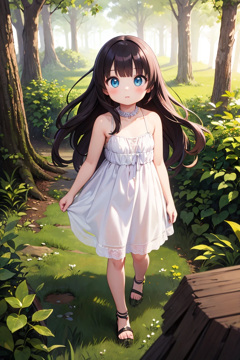 (high quality, High resolution, Very detailed, reality:1.37), Peaceful atmosphere, (Outdoor, garden), 5 year old girl standing alone, (my breasts are small.), Beautiful details, Cute Smile, (Black long hair), ((White sheer camisole dress)), White socks, White high heels、White Hat.NSFW、((Sheer milk))、((Crotch showing through))
