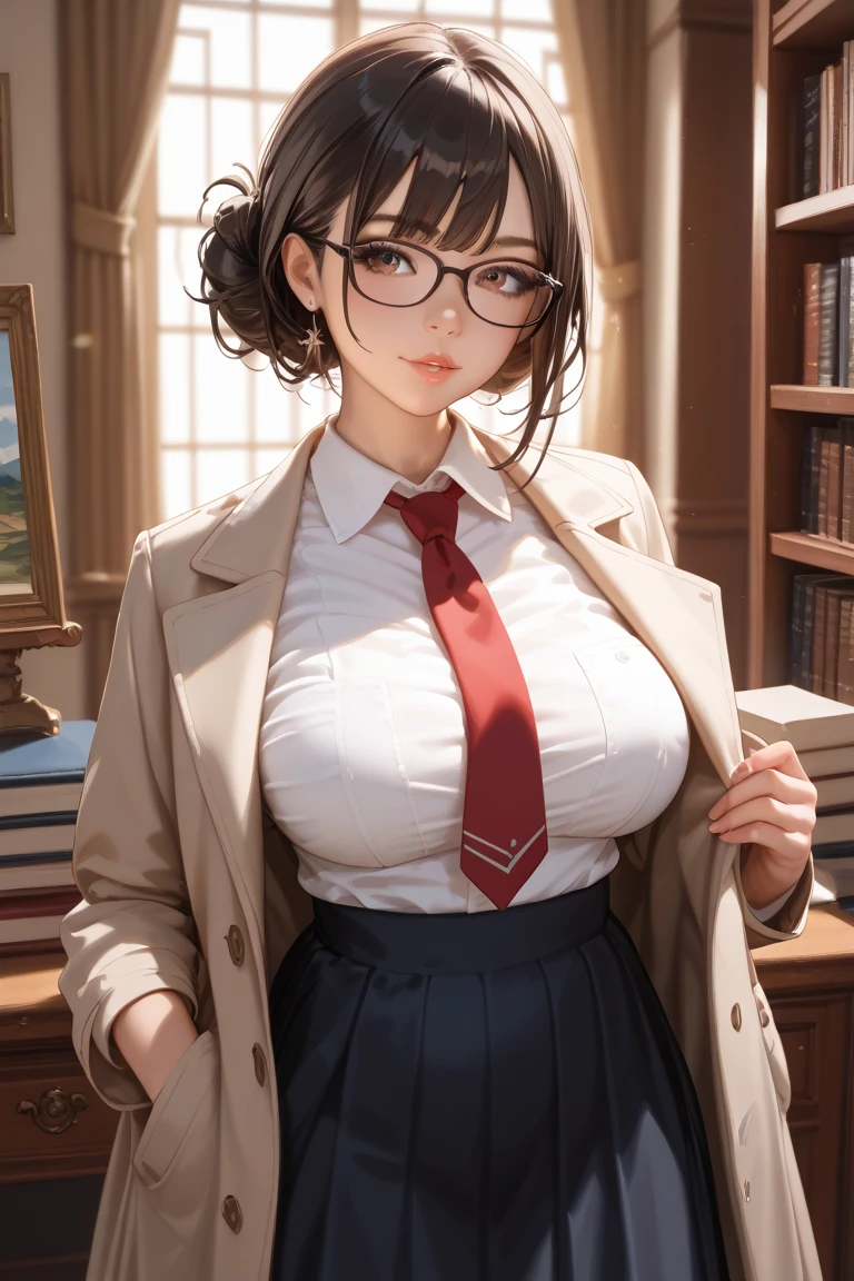 best quality,masterpiece,highres,original,extremely detailed wallpaper,perfect lighting,extremely detailed CG,<lora:add_detail:0.3>,standing,
<lora:ShirakiMeikoV21:0.9>,shiraki meiko,hair bun,glasses,school uniform,black thighhighs,plaid skirt,knee boots,ribbon choker,brown jacket,