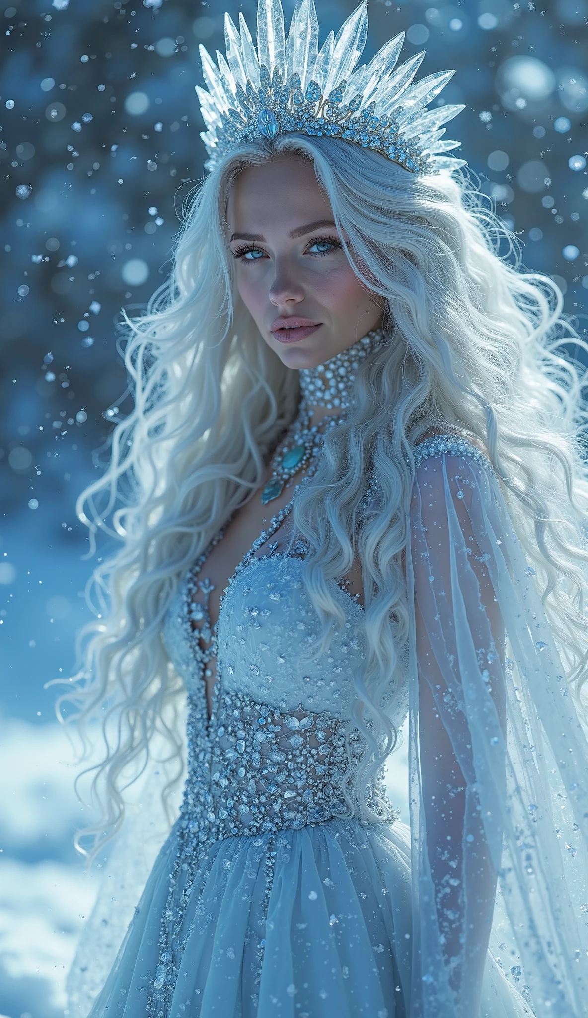 A woman in a white dress and a tiable is standing in the snow - SeaArt AI