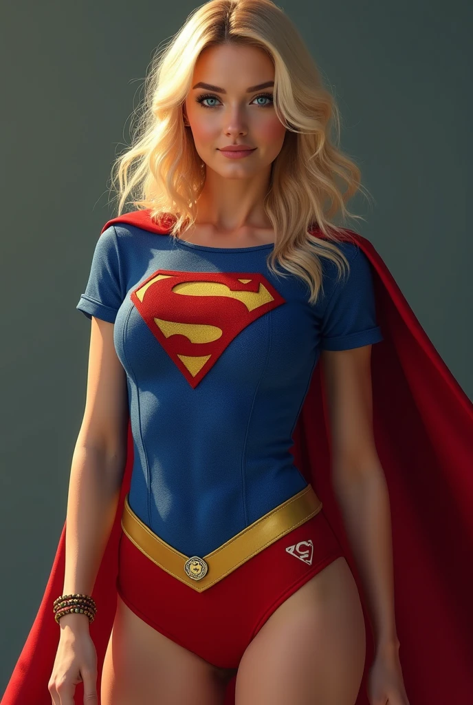 full view of A SEXY, INCREDIBLY BUSTY FEMALE WITH DARK BLUE EYES AND MEDIUM MESSY GOLDEN BLONDE HAIR WEARING A CLASSIC WHITE SUPERGIRL LONG SLEEVED CROP TOP COSTUME, A SHORT BLUE PLEATED SKIRT WITH A YELLOW SUPERGIRL BELT, RED HIGH HEELED SUPERGIRL BOOTS, AND SHORT RED SUPERGIRL CAPE WITH YELLOW TRIM. , incredibly detailed skin and eyes, seductive poses, 8K resolution, masterpiece, ultra-detailed, realistic, photo-realistic, vivid colors, dramatic lighting,