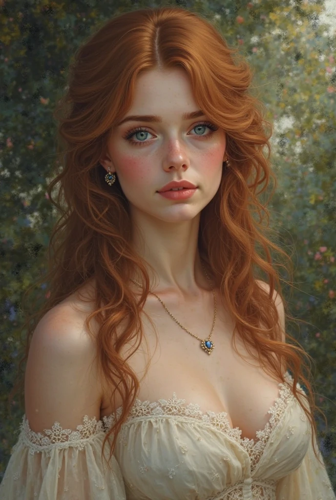 Victorian Hungarian Woman of the 18th century, Ginger hair, Pink lips, Nice feature, Wadim Kashin, james gurney, ink, Splash Art, Amazing beauty , Royo, after sexing, Super detailed splash art modern European oil ink painting, Mid Gorgeous Breasts, Gorgeous Body, oil painting, very detailed Bright Turmaline Green eyes, Blush, Greg Rutowski, (no NSFW).