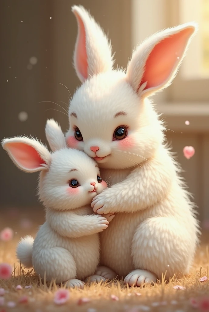 A little white bunny wearing female clothes hugging her mother also wearing female clothes in her house in cartoon style