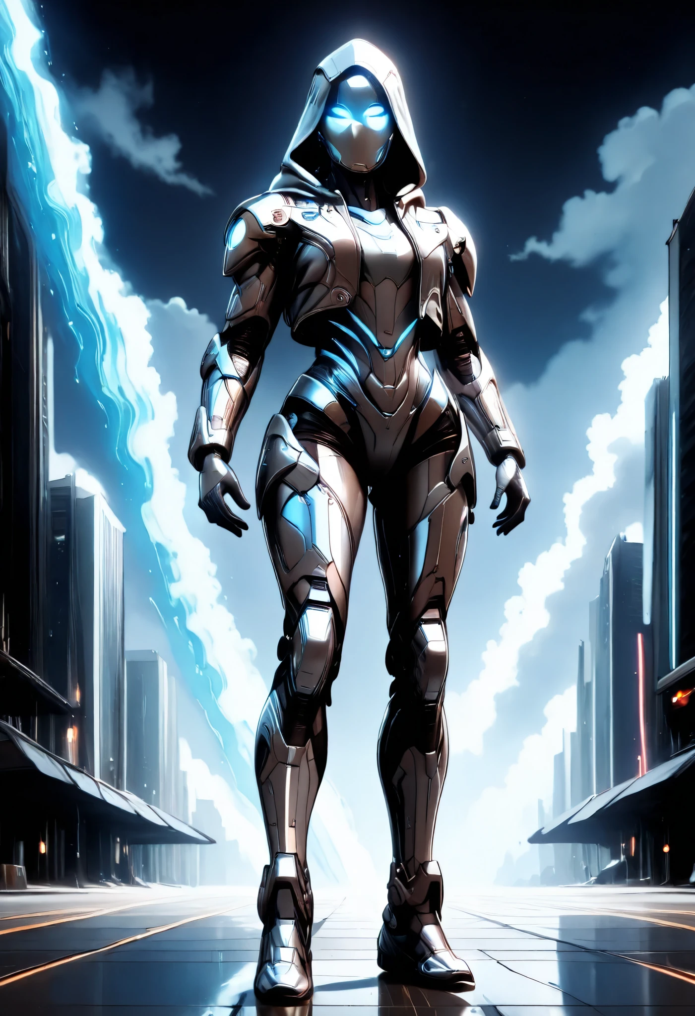 A vibrant, detailed and futuristic full body illustration showcasing a 21-year-old Caucasian female game character dressed in a futuristic, mech-like silver hooded armor jacket over a glowing neon blue top, silver armor pants and futuristic armor boots with glowing blue assets. Her striking features showcased in a dynamic stance. The artwork adopts a detailed graphic style, featuring a neon color palette set against a grey citydscape backdrop contrasting her glowing blue and silver armor, producing a captivating visual effect. The character's gaze exudes determination, while the interplay of soft and bold hues elevates the visual impact. This composition merges futuristic cyberpunk art aesthetics with a sci-fi mecha atmosphere. An image worthy of a great video games' cover The perspective invites the viewer to gaze upon her from slightly below, enhancing her majestic presence, while the composition draws the eye to her face, where luminous eyes reflect the mysteries of the cosmos. The interplay of light and shadow adds depth, creating a sense of movement as the fumes swirl and the dark clouds shift, enveloping her in an embrace that is both protective and enigmatic.