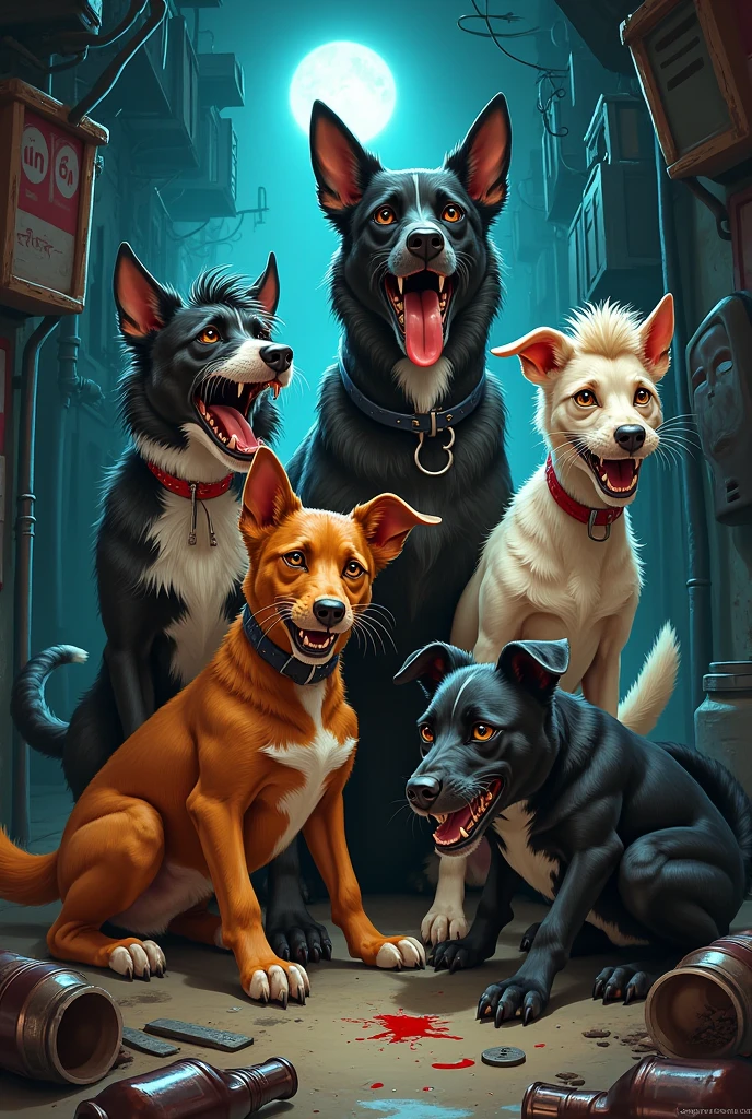 Group of gangsta dogs iat bar 

with chains and beer on the hand 