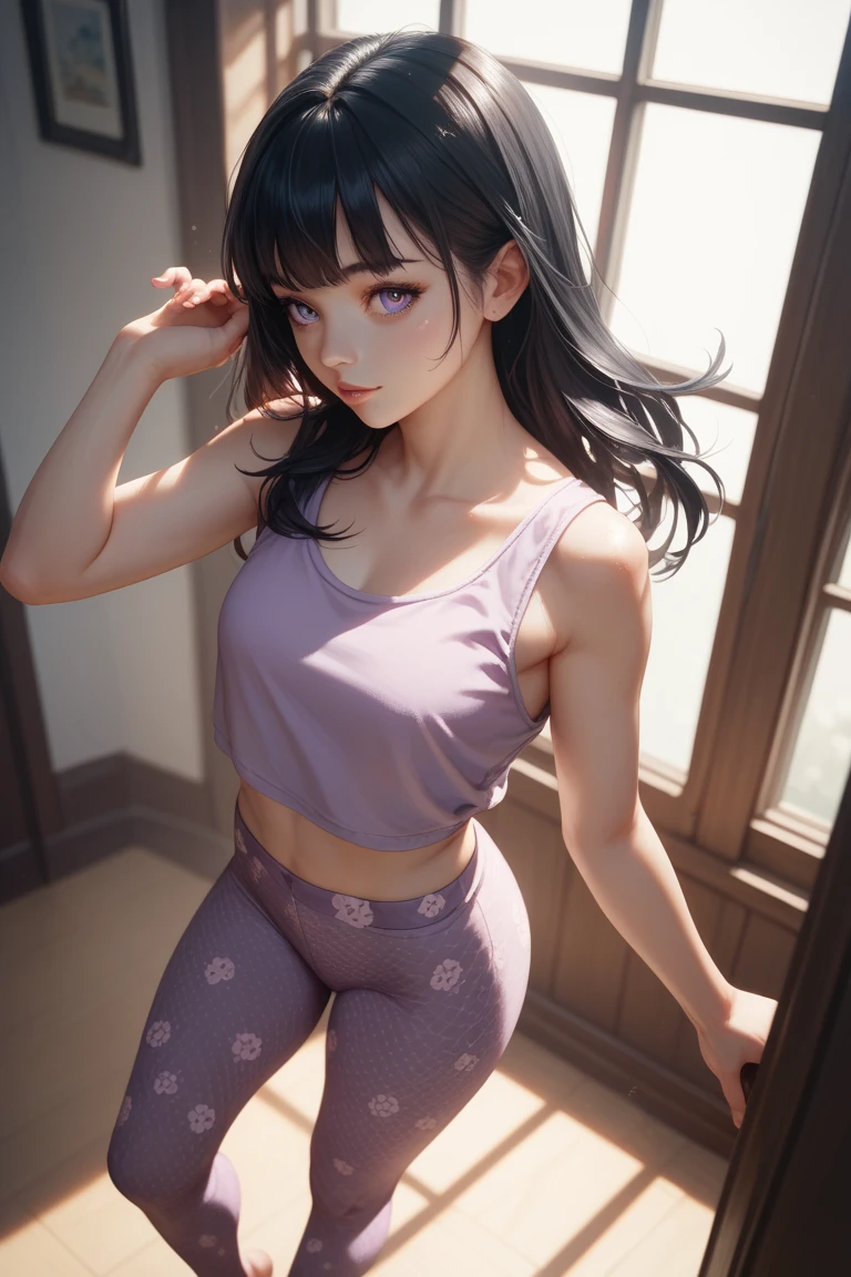 (​masterpiece:1.4)、(top-quality:1.4)、
1girl in, Sports bra and purple sports leggings、Arm sleeve、Hair with blue mesh on bangs、length hair, looking at the viewers, Bedroom, 独奏 ,realisitic,(shinny skin),(​masterpiece:1.4),(top-quality:1.4),red-lips