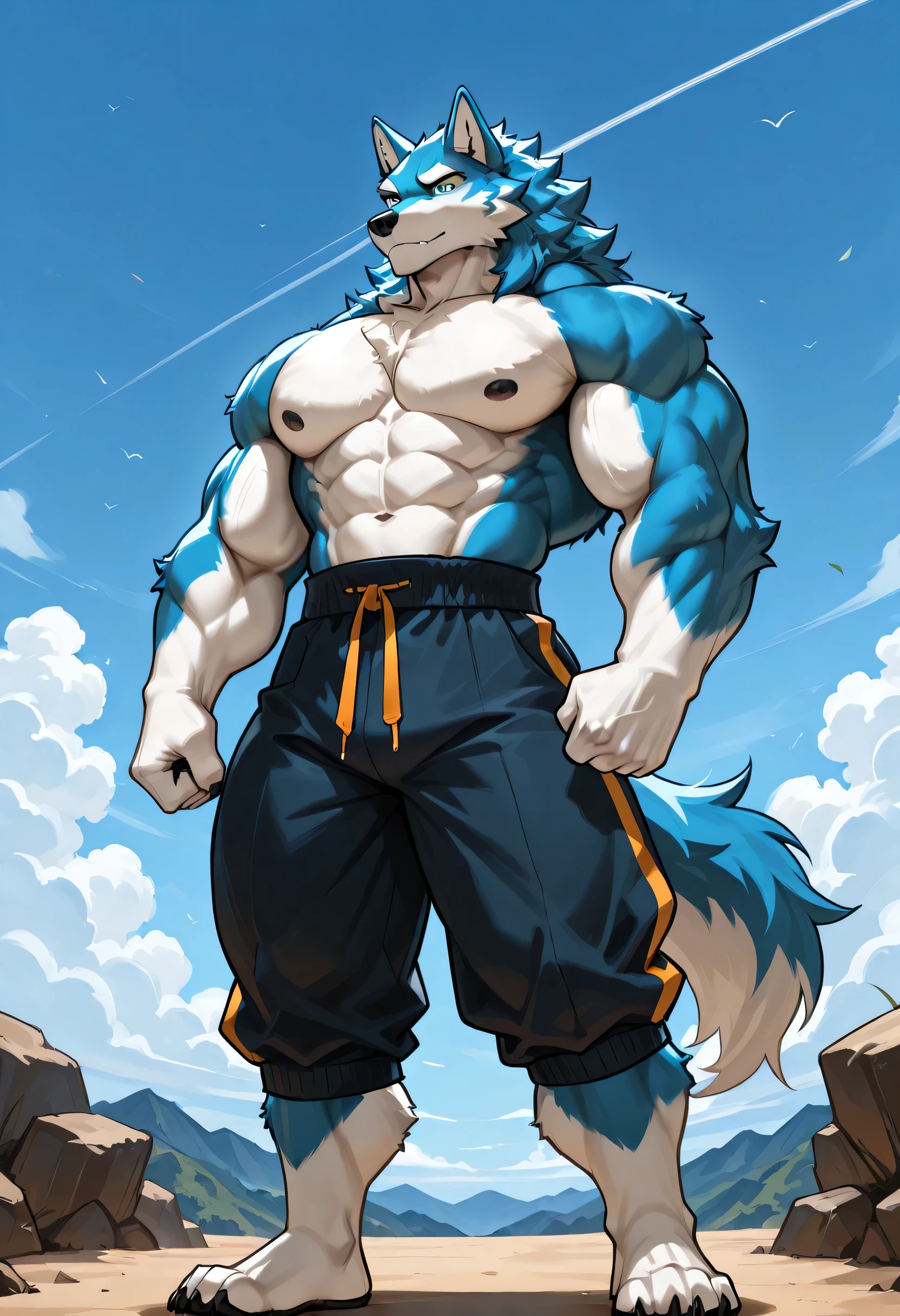 best quality,newest,masterpiece,highres, smooth, high-rise scenery,solo, hight angle, marvolkart, wolf, blue fur, furry, anthro, muscles, muscular, bodybuilder,
