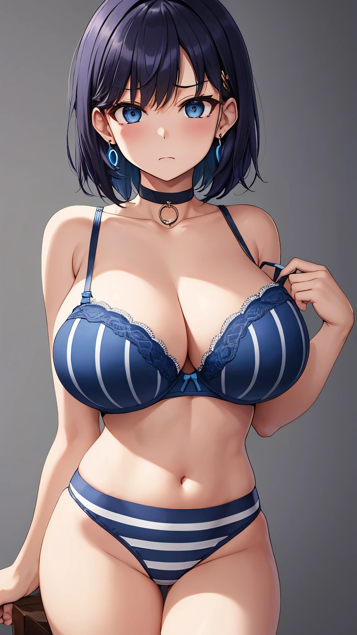 Girl, short curly black hair, long-sleeved black and white striped T-shirt, exposed stomach, blue underpants, big breasts, shaking her butt, blue underpants, cool features, black and white striped wide short T-shirt, light blue underpants