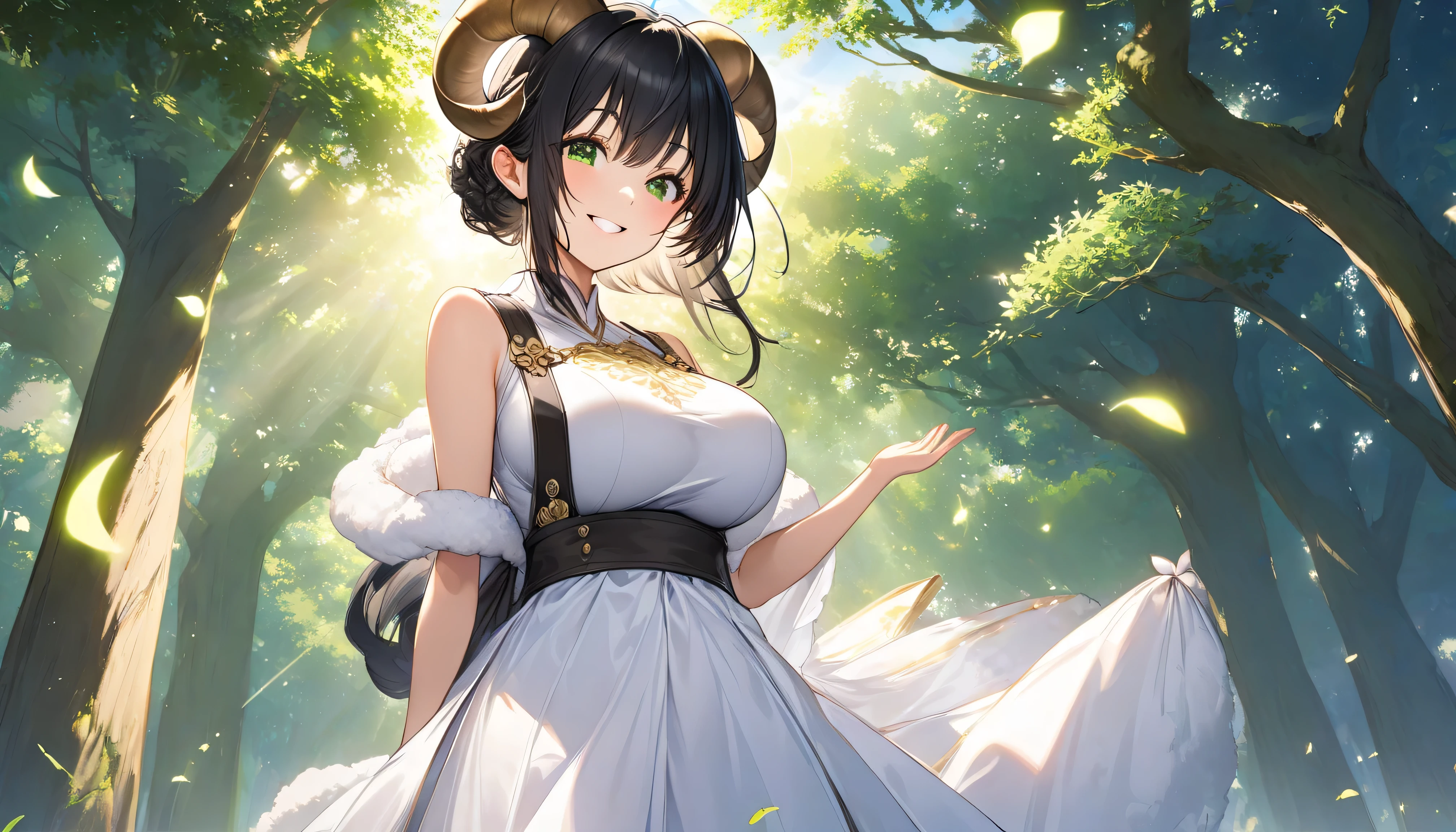 ((Make the background bigger:1.3)),((upper body:1.1)),(Above the waist), (1 girl), (standing) (black hair:1.2),( Smile),(Big Breasts:1.1) The background is under a large tree with deep fresh green,,blue sky,Sun,Overall mysterious,beauty, A scene with an overwhelming sense of nobility ,full body,and the beautiful Aries goddess with a breathtakingly beautiful idol、A beautiful and cute Japanese goddess wearing a fluffy, pure white dress, has large spiraling sheep horns on her head , with long black hair shining in the sunlight, 優しく穏やかな Smileを浮かべてこちらを見つめている,