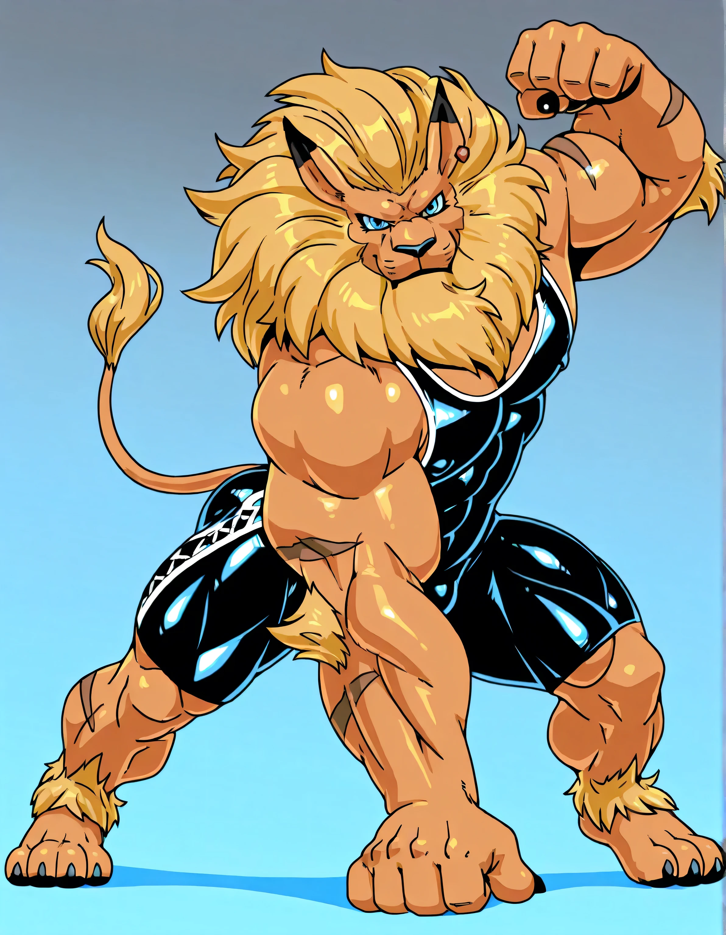 leomon, anthro, blue eyes, furry, solo, lion, male, mane, high quality, simple background, cel shaded, big body, thick arms, muscular, full body, glistening body, looking at viewer, wearing wrestling singlet, muscular legs, wrestling pose, dynamic pose, wrestling stance,