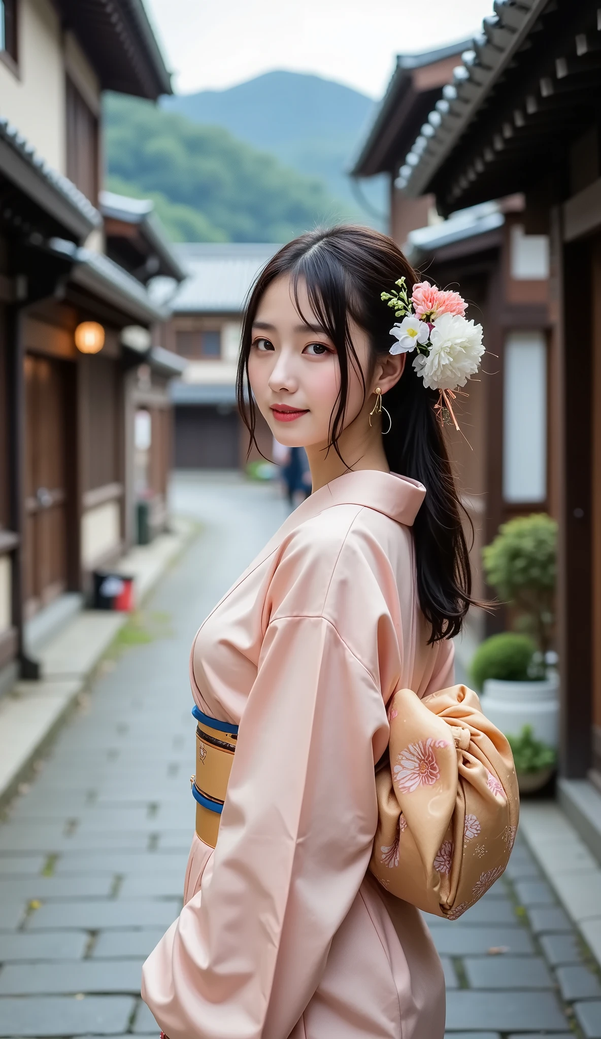 A graceful Japanese woman dressed in a traditional kimono with soft, muted colors, strolling through a historic district with cobblestone streets and wooden buildings, admiring the architecture, calm and nostalgic expression, full-body shot, ultra-realistic.