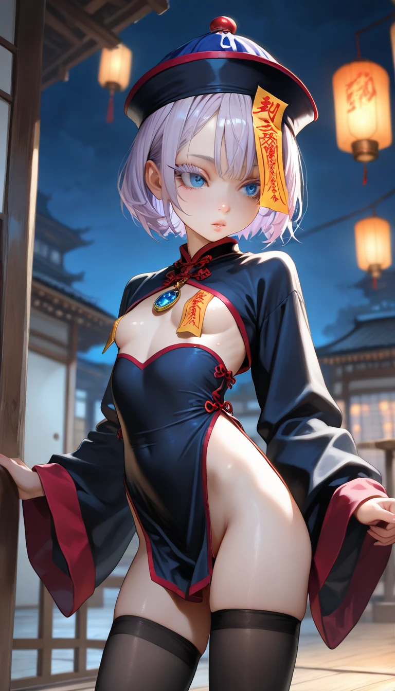 Fox girl, for ears, fox tail, purple cheongsam, short hairs, ((white hairs with purple highlights)), looking at viewer 