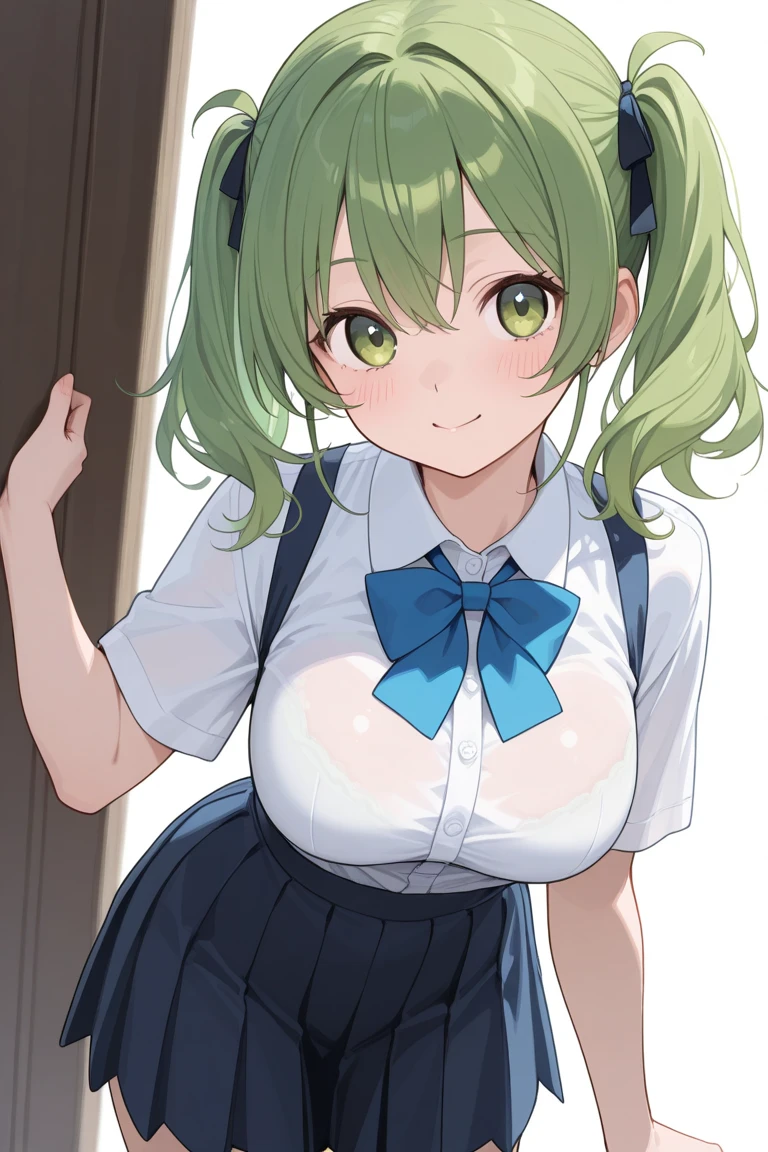 Cute naughty mage girl, Pastel colors hair, small breasts, Thighs, lime green hair, (naked:1.2), high ponytail, medium hair, standard height, (disdain:1.3, jitome, simple dead eyes, droopy eyes, smirk, sleepy), at the adventurer's guild, A bulletin board with posted paper