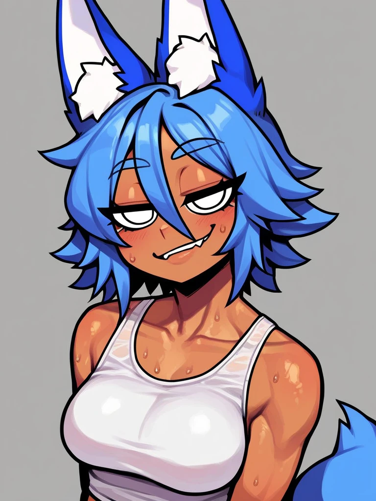 Surprise expression, 1girl, anthro, furry, glossy skin, shark girl, (black skin), blue hair (light blue highlights), (black sclera), (white eyes), Messy hair, long hair, (19 years), large breast, thicc thighs, futa, futanari, (gigantic erect blue penis), blue tiger stripes, solo, (orange background), nervous, shy, white t-shirt, black skirt, standing, (arms crossed under breast), see-through clothes (embarrassed), (soft shading), score_9, score_8_up, score_7_up, score_6_up, score_5_up, score_4_up
