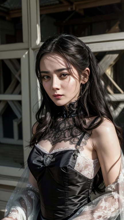 Alcina Dimitrescu is a character from the game "Resident Evil Village". As a result of the infection, Alcina has gray skin and yellow eyes, she has black hair tied in a bun, and wears makeup consisting of purple eyeshadow and red lipstick.
She wears a white dress with details and two black roses at her side, with black gloves, high heels, earrings and pearl necklaces with the Dimitrescu family crest. She wears a vast and characteristic black hat.