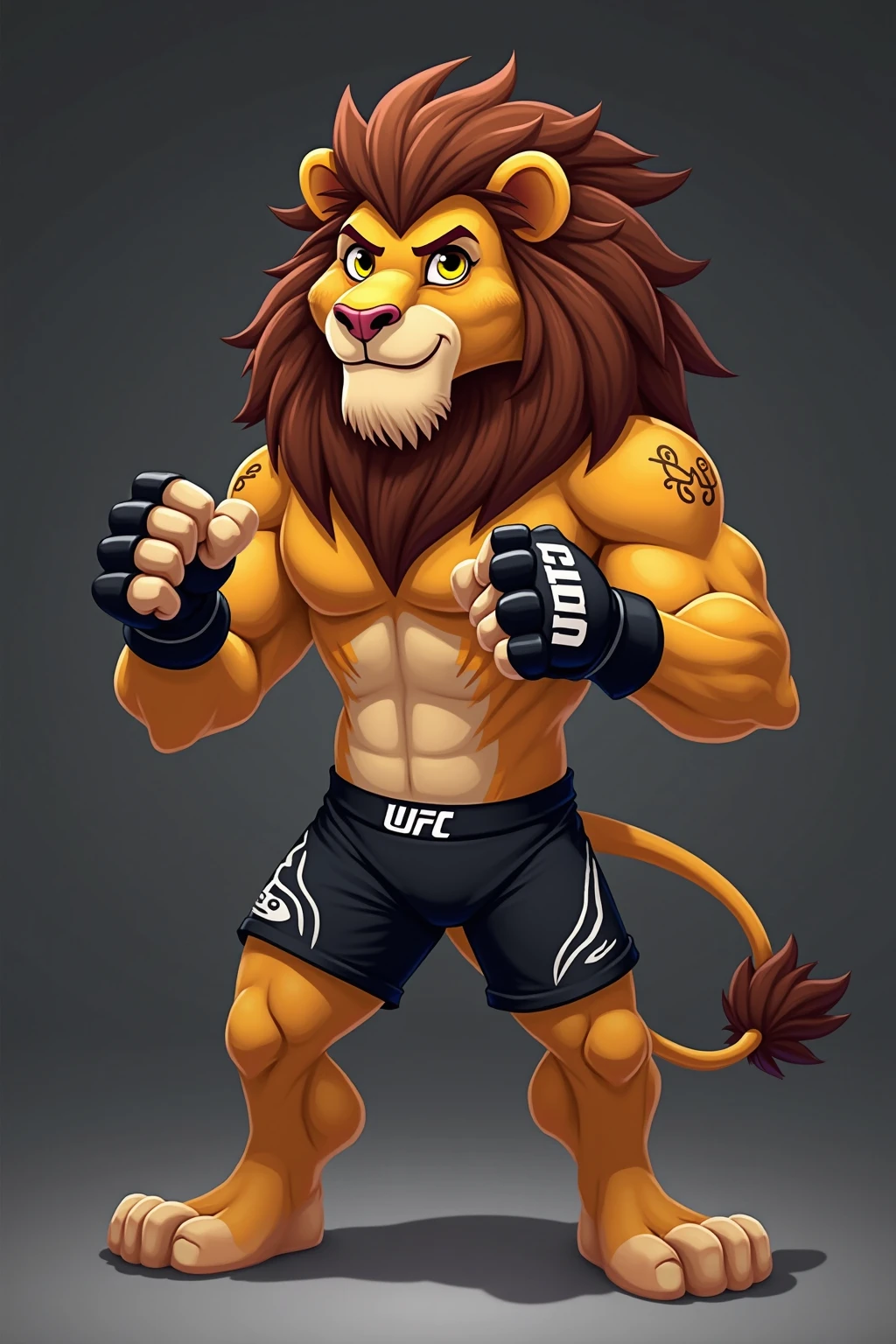 "A realistic, roaring yellow lion with an open mouth, muscular build, and yellow mane. The lion has an uncovered torso, wears black shorts, and is barefoot. It is posed in a profile stance with one leg bent. The lion holds a barbell with three black weight plates on each side raised above its head with both arms. Around its neck, it wears a gold medal with a red ribbon, and a three-pointed crown rests on its head."

