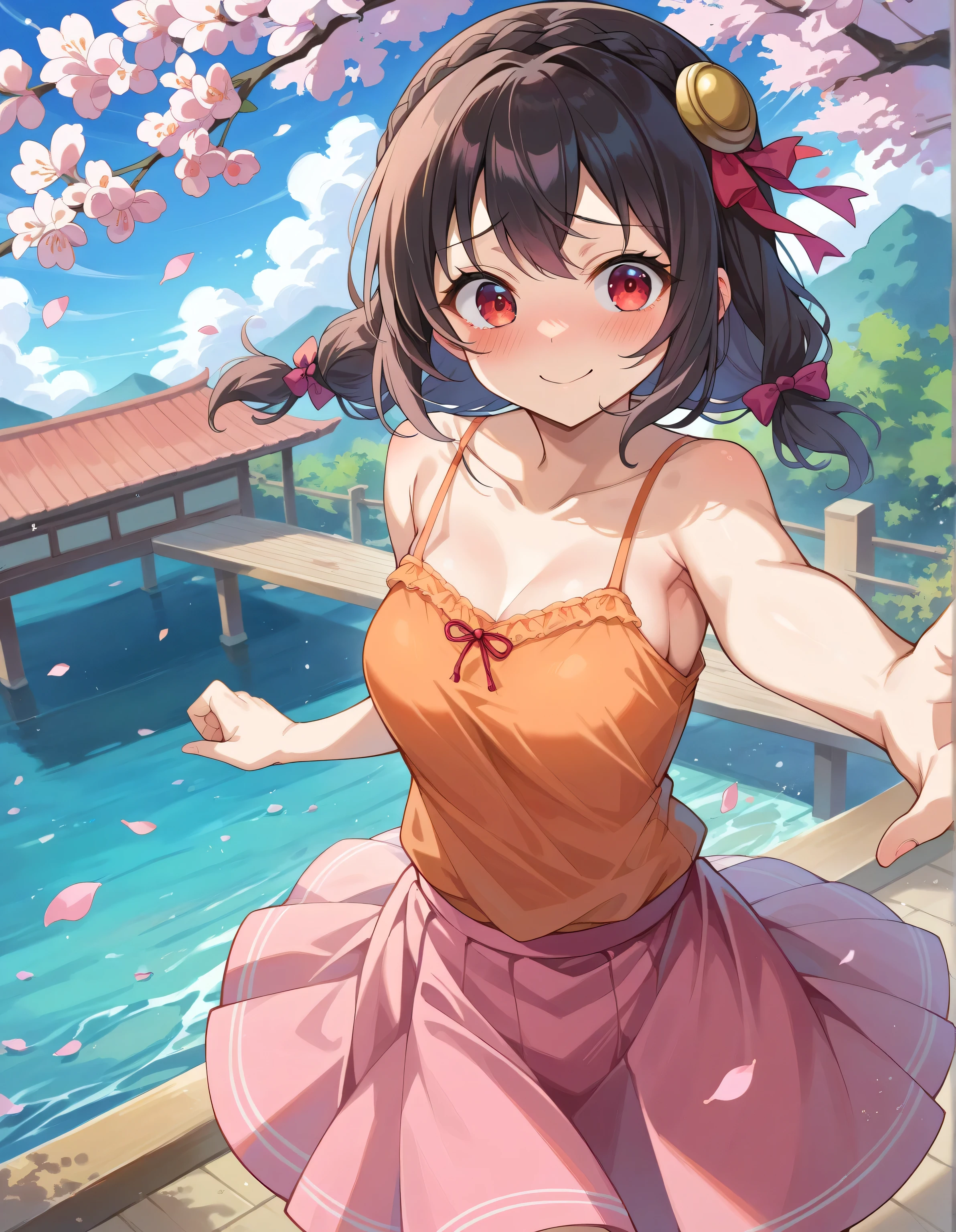 high image quality,high quality、
Yunyun、 (One person)、black hair, Hair Accessories, red eyes, (transparent orange camisole)、See viewer、(blush:1.2),blue sky、cherry blossoms、(embarrassed smile)、noon、(Dancing )、Pink Skirt、I'm surprised、view from above