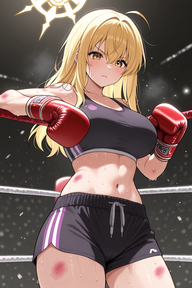 high quality, Evil Girl, blonde wavy hair pulled back into a ponytail, Brown eyes, arrogant smile, in white crop top with a plunging neckline, gladiator in a white boxing skirt with purple seams, wearing white boxing gloves with purple seams, standing alone in a dark boxing ring in an empty gym, holds hands in boxing gloves at head level in defense