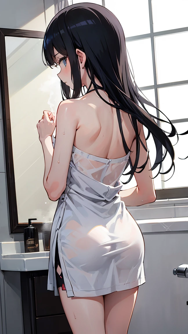 Sadako, soaking wet, wet gown, grey skin, hair covering face, showing ass, rear view of ass, ass through dress, see through dress.
