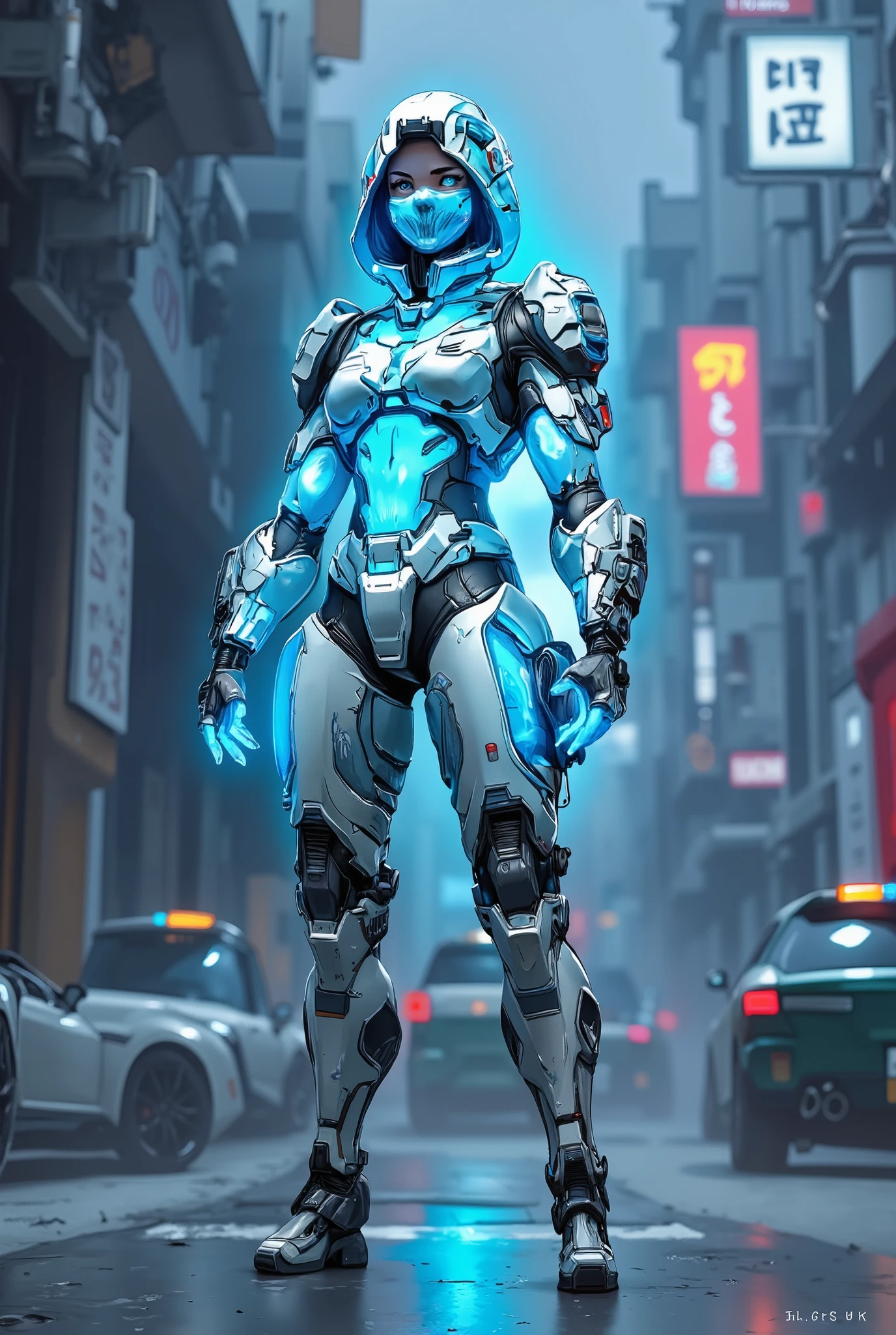 A vibrant, detailed and futuristic full body illustration showcasing a 21-year-old Caucasian female game character dressed in a futuristic, mech-like silver hooded armor jacket over a glowing neon blue top, silver armor pants and futuristic armor boots with glowing blue assets. Her striking features showcased in a dynamic stance. The artwork adopts a detailed graphic style, featuring a neon color palette set against a grey citydscape backdrop contrasting her glowing blue and silver armor, producing a captivating visual effect. The character's gaze exudes determination, while the interplay of soft and bold hues elevates the visual impact. This composition merges futuristic cyberpunk art aesthetics with a sci-fi mecha atmosphere. An image worthy of a great video games' cover
The perspective invites the viewer to gaze upon her from slightly below, enhancing her majestic presence, while the composition draws the eye to her face, where luminous eyes reflect the mysteries of the cosmos. The interplay of light and shadow adds depth, creating a sense of movement as the fumes swirl and the dark clouds shift, enveloping her in an embrace that is both protective and enigmatic.