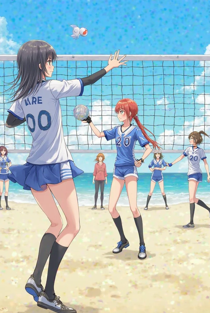 (masterpiece, best quaility, High detail, vivid colors, very beautiful and detailed faces:1.2), A group of girls playing volleyball on the beach, girls in bikini, anime screencap, the background is a beach during the day