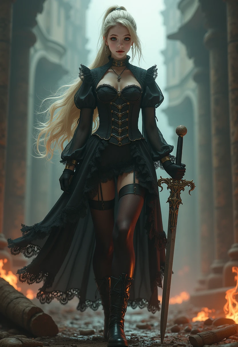 score_9, score_8_up, score_7_up, source_anime, source_explicit, Imposing and intimidating human female warrior with long blonde hair, dark armor and a sinister appearance like that of a villain. She is very attractive and alluring, but is in the service of an evil force. hyper detailed, gothic art, trending on artstation,intricate details, ultra detailed,, ultra detailed clothes, epic masterpiece, ultra detailed, intricate details, award winning, fantasy art concept masterpiece, trending on Artstation, digital art, unreal engine, 8k, ultra HD, centered image