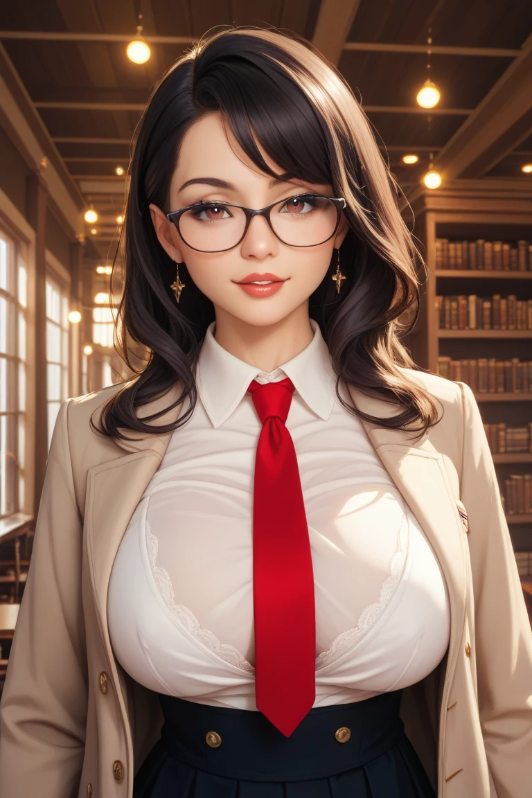 A realistic photo, made on a professional film SLR camera("Zorkiy-4"); Beautiful girl of 14 years old with thick slightly curly brown hair to the middle of the back, Large shiny dark brown eyes, long eyelashes, A Deep Look, eyeglasses, calm, emotionless face ,Photorealistic, high quality textures,hight resolution, 1womanl, 独奏, A figure like a young man's, Photographic realism of the skin, Realistic form of the Hogwarts School of Magic, Slytherin Faculty, soft natural lighting
