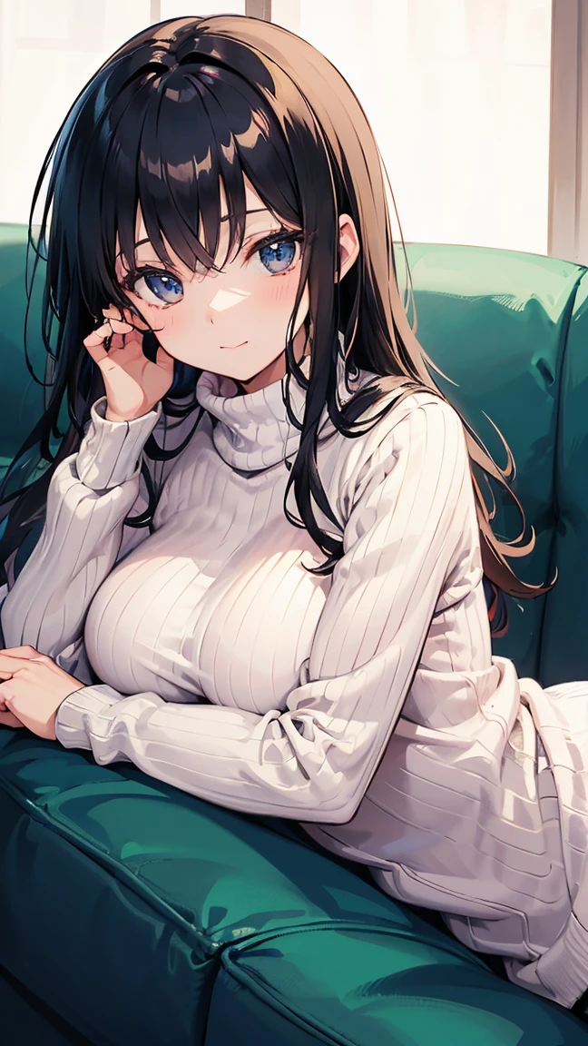 (masterpiece、highest quality、High resolution、realistic pictures、real looking skin:1.1), (She is wearing a tight gray knit minidress with long sleeves。.:1.5), (There is a small gap in the chest of that dress.、I can see the cleavage.:1.5), 1 Japanese woman, beautiful eyes, shining eyes, brown hair, medium long hair, OL, (I'Iはソファに膝を合わせて座っています:1.8), (both hands on the sofa: 1.5), (fancy pattern panties: 1.5), (provocative and grinning expression:1.5), (The location is the sofa in the living room of the apartment..:1.5), NSFW