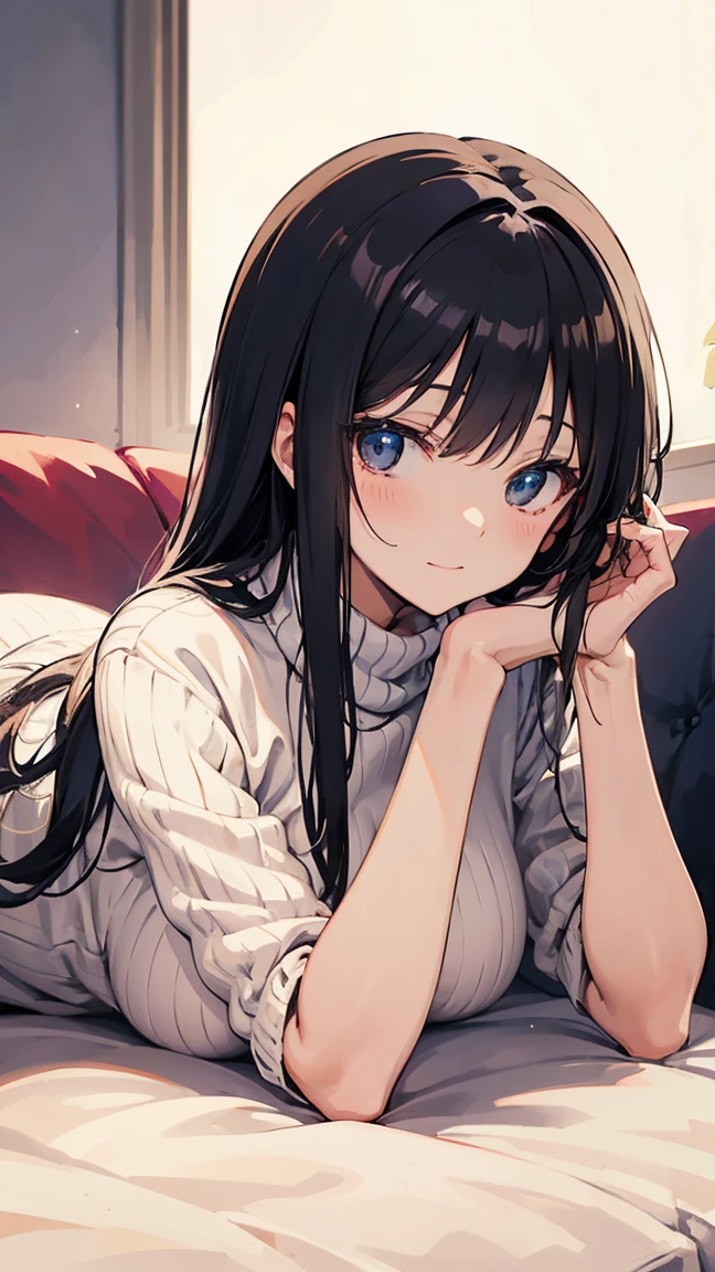 beautiful girl、Black knit、On the bed、Eye highlightasterpiece、high resolution、smile、Black Hair