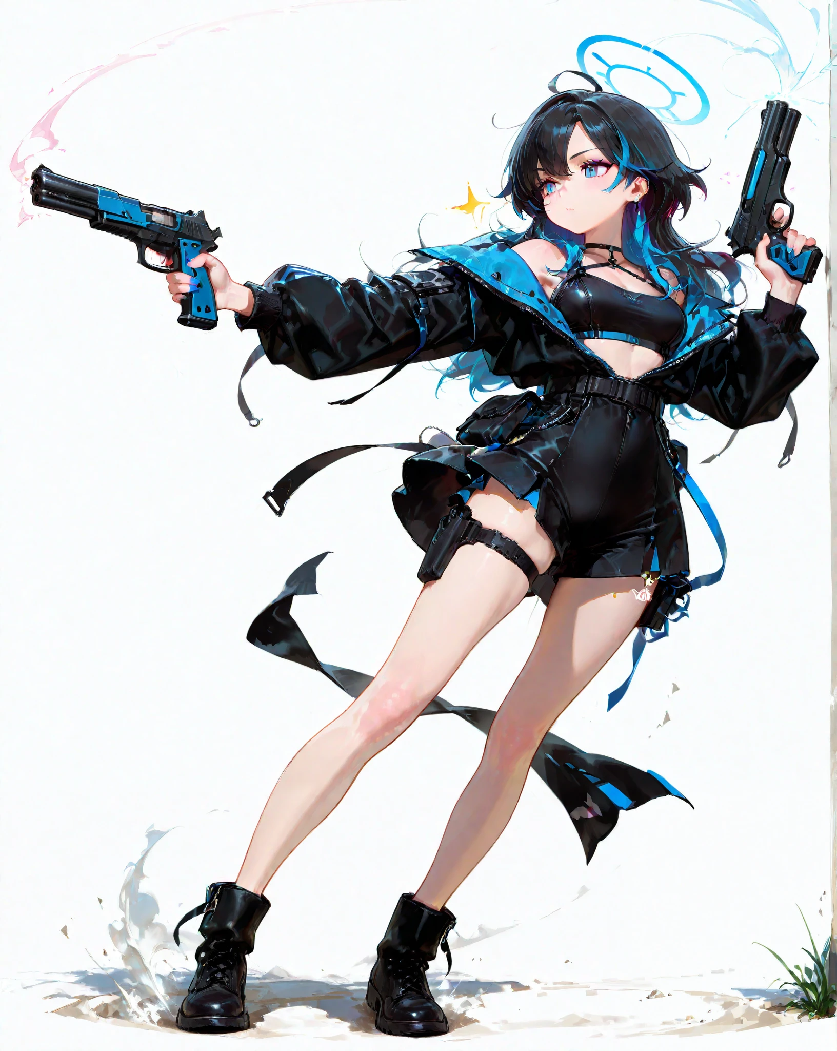 NSFM1.9. Showing Off Her 、naked、Show me that place、Touch there with your left hand、
One Girl、
Highest quality、masterpiece、Arc Records characters、Ariel、Wearing black pants、I can see her thighs、The belly button is visible、Wearing a black leather jacket、One Girl、Blue Hair、long hair、Holding a gun in his right hand、Looking Back、Left facing、I'm not wearing pants、