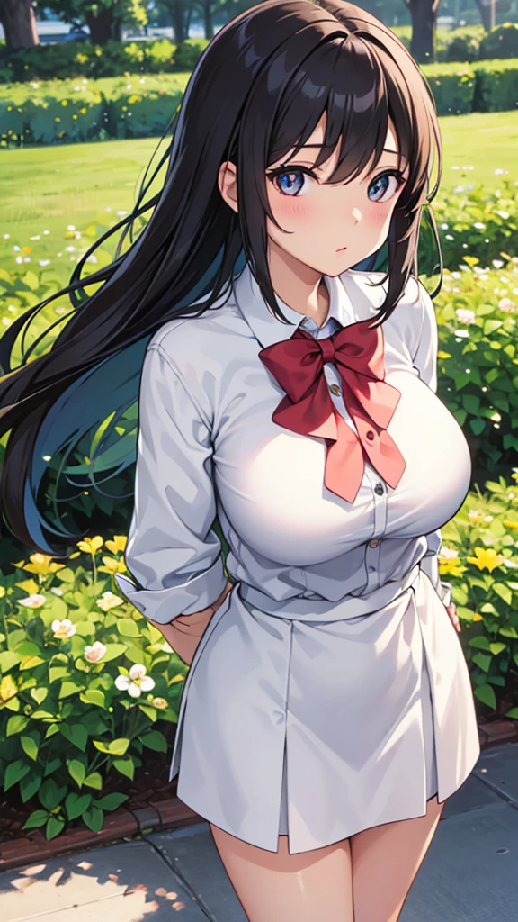 best quality, 1girl, meadow, [houses], sitting, large breasts, upper body, frilled shirt, two tone, very long black hair, looking at viewer, orange brooch, frills, smile