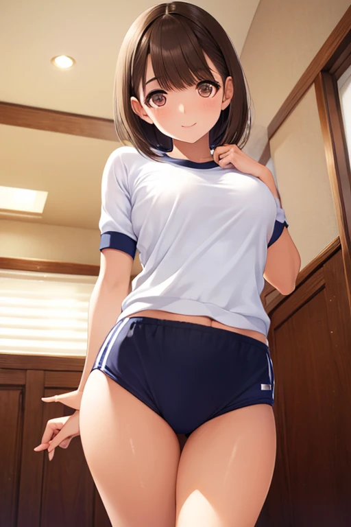 masterpiece, best quality, highres, aanene, short hair,(buruma:1.2),gym uniform, standing, cowboy shot, bed room, smile,steam,ahegao,