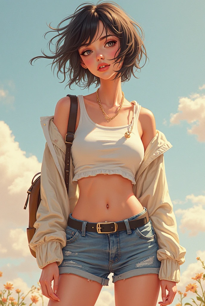 (), big ,(masterpiece), best quality, extremely detailed, (watercolor), bloom, delicate and beautiful, illustration, (from below),(1girl:1.4), (solo:1.2), large breasts, (ribbed sweater:1.3), off-shoulder sweater, (short shorts:1.2), bare shoulders, (underboob), ((dark skin:0.8)), beautiful eyes, (disheveled hair ), photography, over-the-shoulder shot, by Alex Maleev, professional, canon camera, nikon camera, sharp, bokeh, studio quality, fisheye lens, by Robert Capa ,