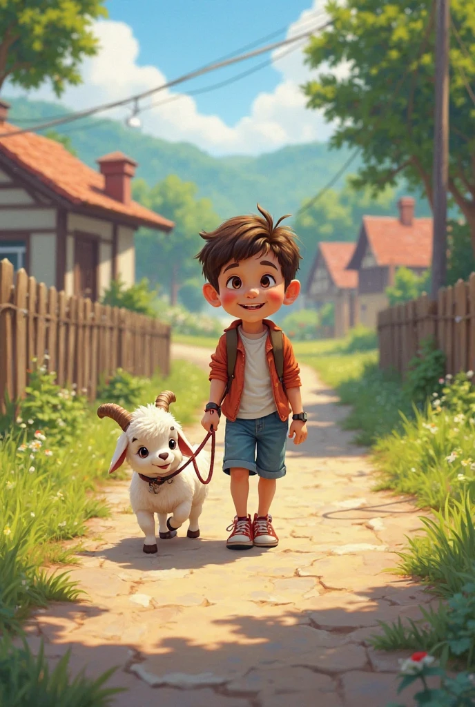 HAPPY, CUTE CHILD WITH HIS DOG ON AN ADVENTURE., short hair, brown hair, climbing the mountain, bright, Surrealism, Minimalism, Pixar, UHD, 1080P, HD, 8k, textured skin, high details --auto --s2
