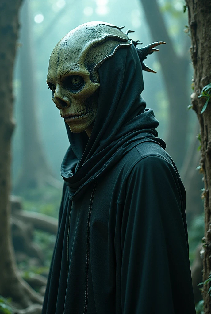 mage in a state of mummification, wearing a black robe without a hood, your skin is wrinkled and your muscles are very thin, your eyes are opaque and milky. He exudes incredible arcane power manifested in green flames..