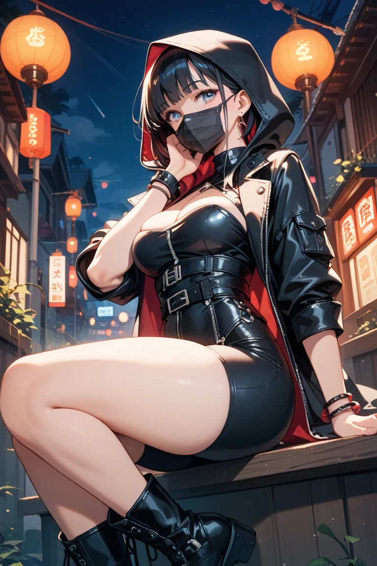 yuukikonno, Yuki Konno, hair band, Long Hair, Pointy Ears, Purple Hair, (Red eyes:1.5), (Small breasts:1.2),Hooded,cover your mouth with a black scarf,strict,black Ninja uniform,Ninja,black Ninja pants,short boots,Action pose,Overlooking the city from the roof of the building,moon,moon明かり,night,whole bodyがイラストに入るように,
break looking at viewer, whole body,
break outdoors ,Medieval European-style building,
break (masterpiece:1.2), highest quality, High resolution, unity 8k wallpaper, (shape:0.8), (Beautiful and beautiful eyes:1.6), Highly detailed face, Perfect lighting, Highly detailed CG, (Perfect hands, Perfect Anatomy),
