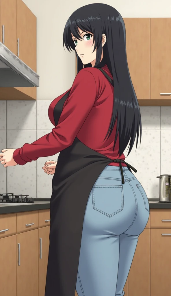 High resolution, kitchen setting ,(((two characters, one mature Hispanic girl, and one 30 year old guy))), (((bimbo))), long black hair, ponytail, wide hips, thick thighs, hourglass figure, small round breast, she is looking at the viewer with a flirty smile, huge ass size, Brazilian butt lift, (she's wearing a set of black panties that covers half her butt and a T-shirt that is resting on her butt), (((she's bending over slightly as she cooks at a stove))), (((the guy is pressing up against her butt from behind and groping her hip))), (((guy is looking at viewer with a smile))), (((side view)))