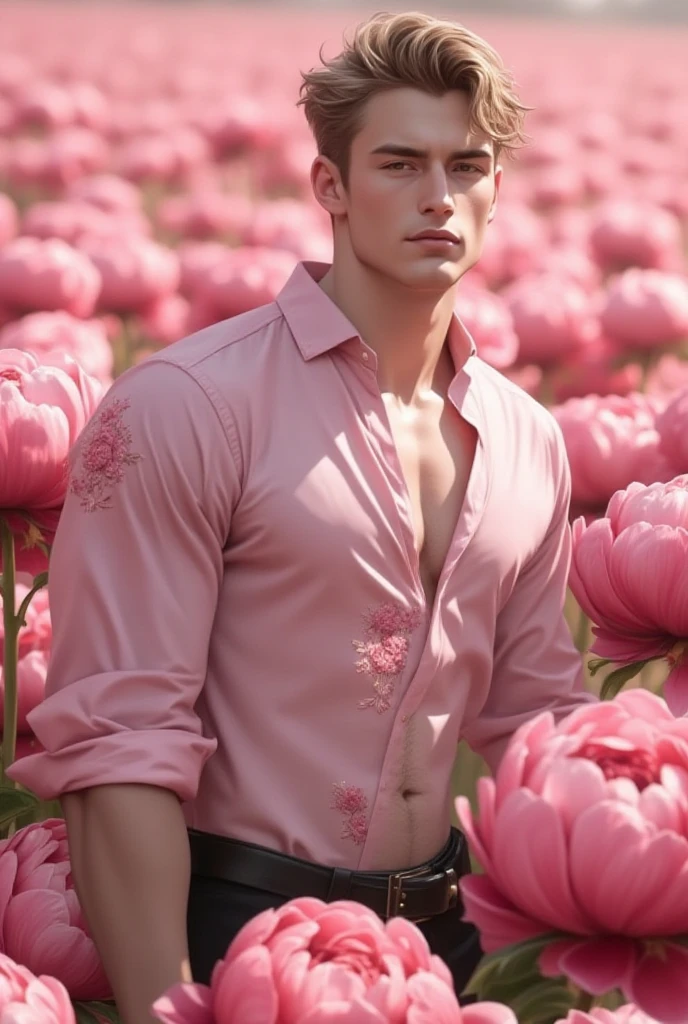 (masterpiece, best quality, realistic, ultra high detailed, UHD, view from a distance, facing the camera), movie poster style. Amongst fields of pink peonies, A tall, hot, handsome, muscular young man in his 20s with smooth, flawless white skin stands confidently in a field of blooming pink peonies, their large, lush petals creating a sea of color around him. His smooth white skin glows against the soft pink background. He wears a fitted, unbuttoned soft pink shirt with intricate embroidery that mirrors the peony petals, that showcases his broad chest and sculpted abs. His short hair is tousled by a gentle breeze, enhancing his handsome features. His smooth white skin with a sheen of sweat is glistening under the warm lights, highlighting every detail of his physique. Lovely, sexy tattoos on his chest and pubic. His pants are made of form-fitting, black fabric. His veined, muscular forearms are visible under rolled-up sleeves. His boots are polished, catching the light as he shifts his weight. His sharp, handsome features add to his magnetic presence, exude confidence and sensuality. His piercing gaze is locked with the viewer, filled with a deep, sensual allure. The soft light filtering through the peonies casts gentle shadows, enhancing the delicate beauty of the flowers and his muscular frame. His sensual aura is creating an environment of both passion and allure. perfection, sexy posture, extremely sensual, highly erotic, most sexiest, homoerotic, alluring,