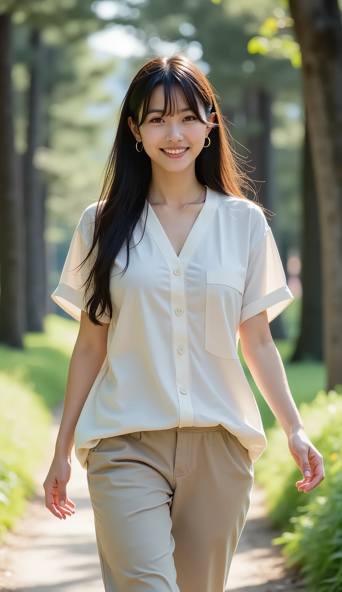 A natural and peaceful Japanese woman wearing a loose linen tunic and comfortable hiking pants, walking through a quiet forest with sunlight filtering through the trees, enjoying the fresh air, relaxed and content expression, full-body shot, ultra-realistic.