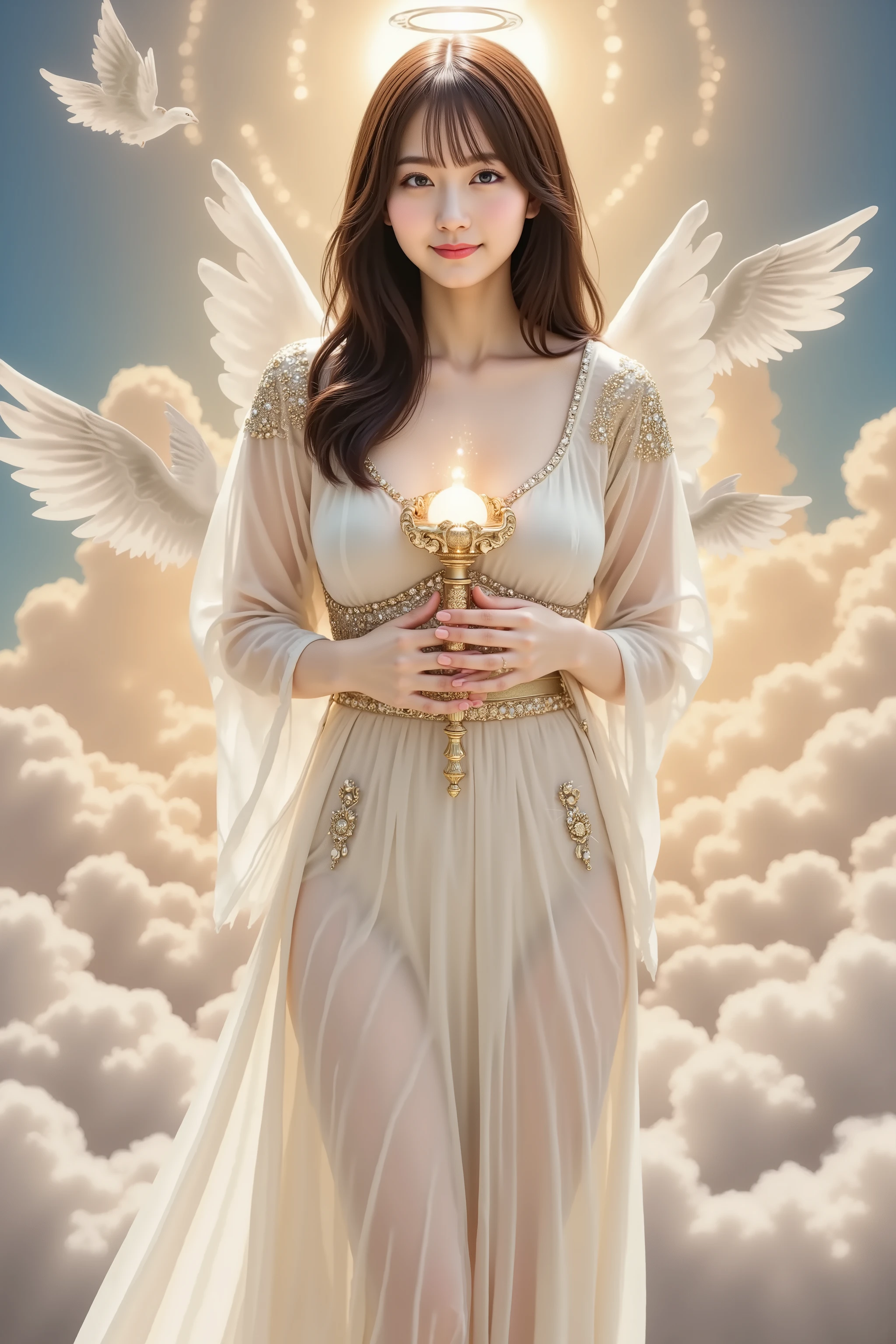 huge breast, A highly detailed, ultra-realistic digital illustration of a beautiful young Asian female angel standing gracefully in the celestial heavens, holding a small, ornate angelic staff infused with divine energy. She is depicted from the waist up, her long, voluminous chestnut brown hair cascading in soft curls, with a few strands elegantly framing her delicate face. A radiant, golden halo floats above her head, casting a gentle glow around her. Her almond-shaped eyes shimmer with serenity and devotion, exuding an aura of purity and peace.

She wears an exquisite angelic gown, flowing and weightless, crafted from layers of shimmering white and soft gold silk. The bodice is adorned with delicate celestial embroidery, sparkling under the heavenly light. Translucent, feathered wings extend from her back, their pristine white feathers catching the ambient light, giving her a truly divine presence. In her hands, she gently holds a small, luminous staff, adorned with intricate engravings and a glowing crystal at its tip, radiating soft golden light that resonates with celestial energy.

The staff appears to channel divine power, its delicate structure woven with sacred inscriptions and shimmering filigree. It pulses softly, as if in harmony with the celestial realm, a symbol of guidance and heavenly wisdom. The gentle glow from the staff illuminates her surroundings, accentuating her ethereal beauty.

The background remains an awe-inspiring celestial kingdom, where endless clouds form a floating paradise beneath her feet. The sky above is a luminous expanse of pastel golds, soft blues, and streaks of gentle pink, with beams of divine light cascading down from an unseen sun. Ethereal floating temples with grand marble pillars and golden domes drift in the distance, their silhouettes blurred by the radiance of the divine realm. Angelic figures soar gracefully across the heavens, their white wings shimmering against the celestial backdrop.