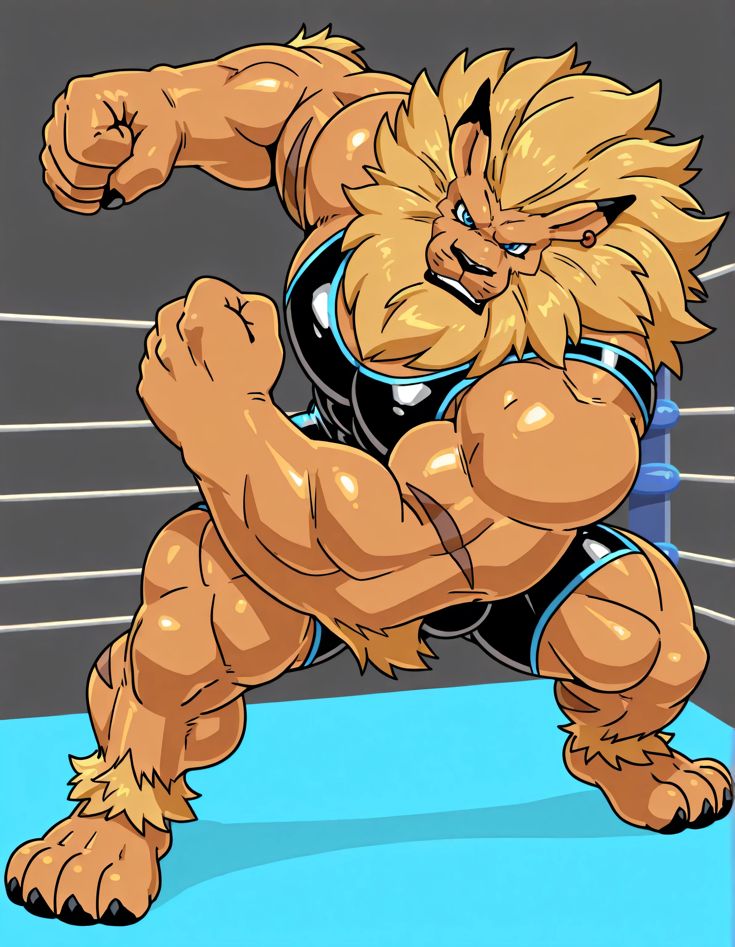 ((solo)), (anthro:1.2) bear (lora; little john), adult, (athletic:1.4), (dense muscles), (super strong:1.4), (correct anatomy:1.2), (broad shoulders:1.2), (heavy build, massive body:1.6), (realistic fur, detailed brown fur texture:1.3), kickboxing martial arts tournament background (corner of the kickboxing MMA ring:1.6), photorealistic, (black compression shorts), (bare torso:1.4), (footwear:1.2), (detailed kickboxing martial arts black shorts), hyperrealistic, ultradetailed, (by wfa:1.2), (by takemoto_arashi, by vorusuarts, by Traver009:1, by grimfaust:1), natural lighting, (oiled up:1.4), ursine head (open eyes, brown mane), (sexy:1.2), ((serious smirk:1.4) expression), (punching:1.4), (view from center:1.4)