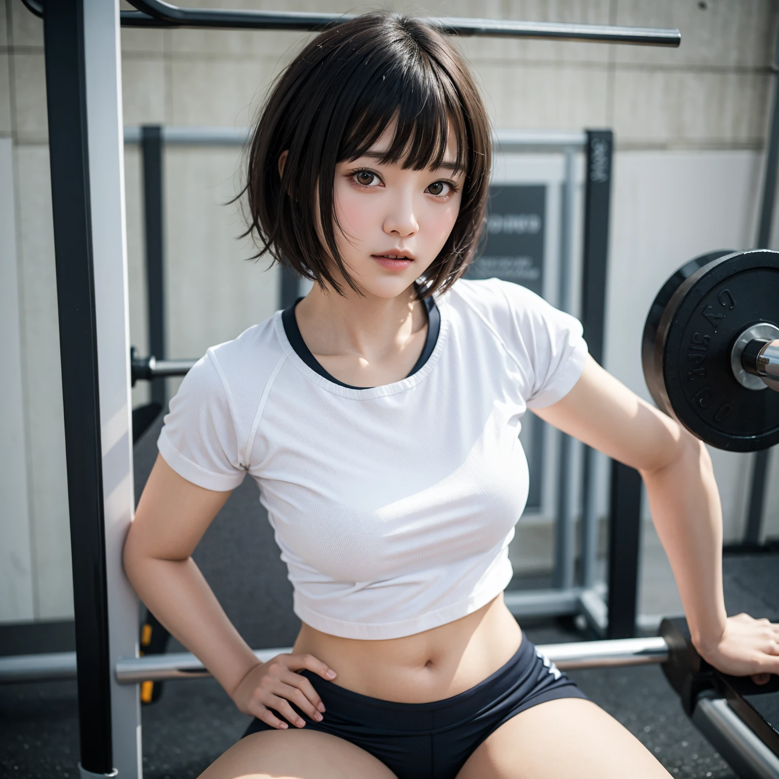 Bobcut、Black-haired 、Sweating at the gym、Desperate form、Sweaty、indoor、Other guests、School gym clothes